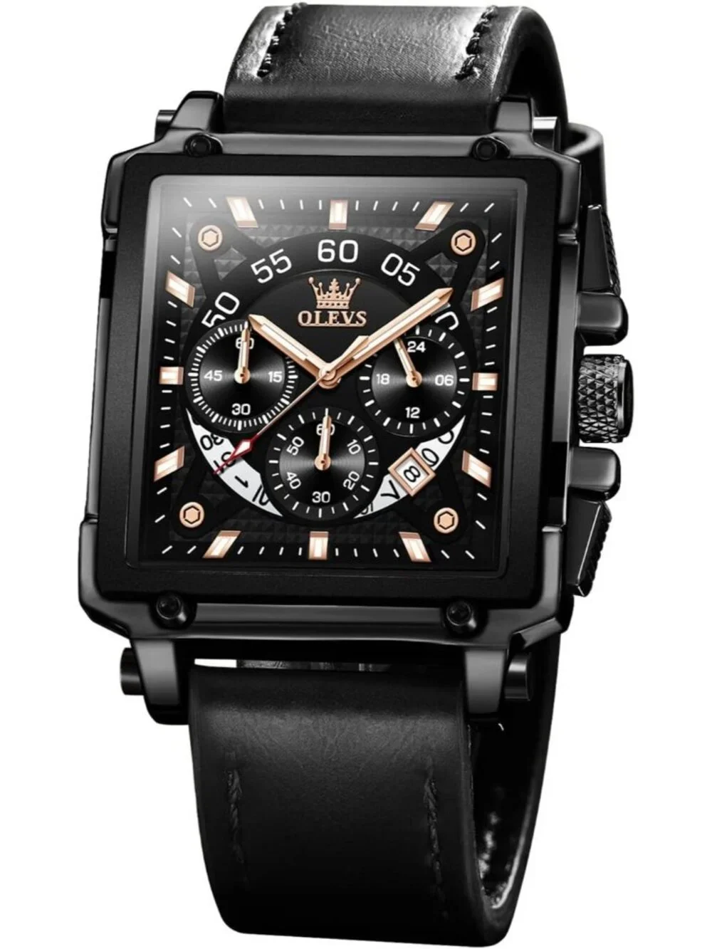 Men's Jet Black Leather Chronograph Watch Big Face Waterproof Luminous Watch